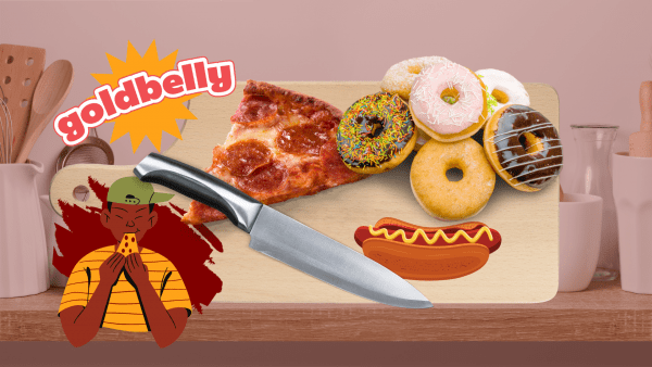 man eating pizza with background of cutco knife, hotdog, donuts and pizza and goldbelly logo
