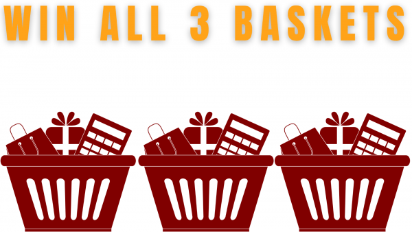 three generic gift baskets, with "win all 3 baskets" captions