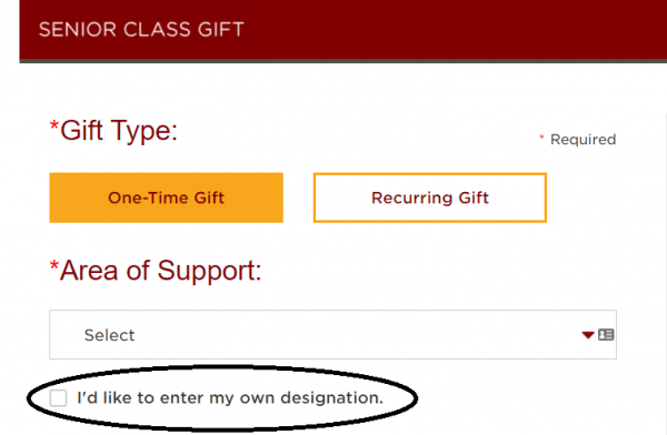 screenshot of UChicago SCG giving form with I'd like to enter my own designation circled